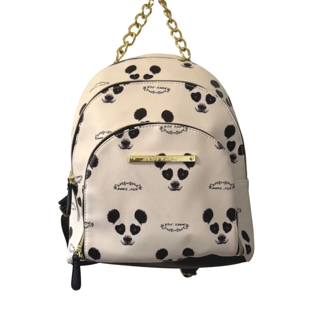 Betsey Johnson Panda Print Mini Backpack White Black Gold Chain Handle Floral
